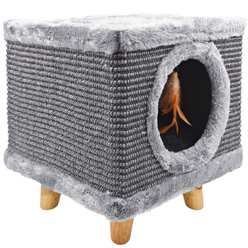 Sturdy cat scratching post 38cm,  with feather and bed Cabin I  grey