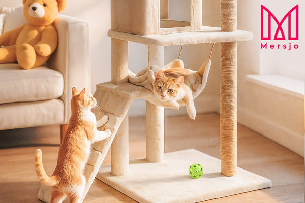 Cat scratching post, house with toy, 6 levels, cosy bed, Comfort Line beige