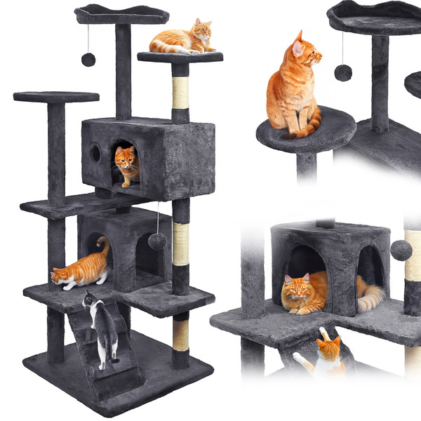 Cat scratching post, stable, high, 7 levels, cosy bed dark grey 138cm