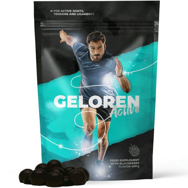 Geloren Active 400g - Żelki dla ludzi na stawy z kolagenem i witaminą C, jeżyna, 90 szt.